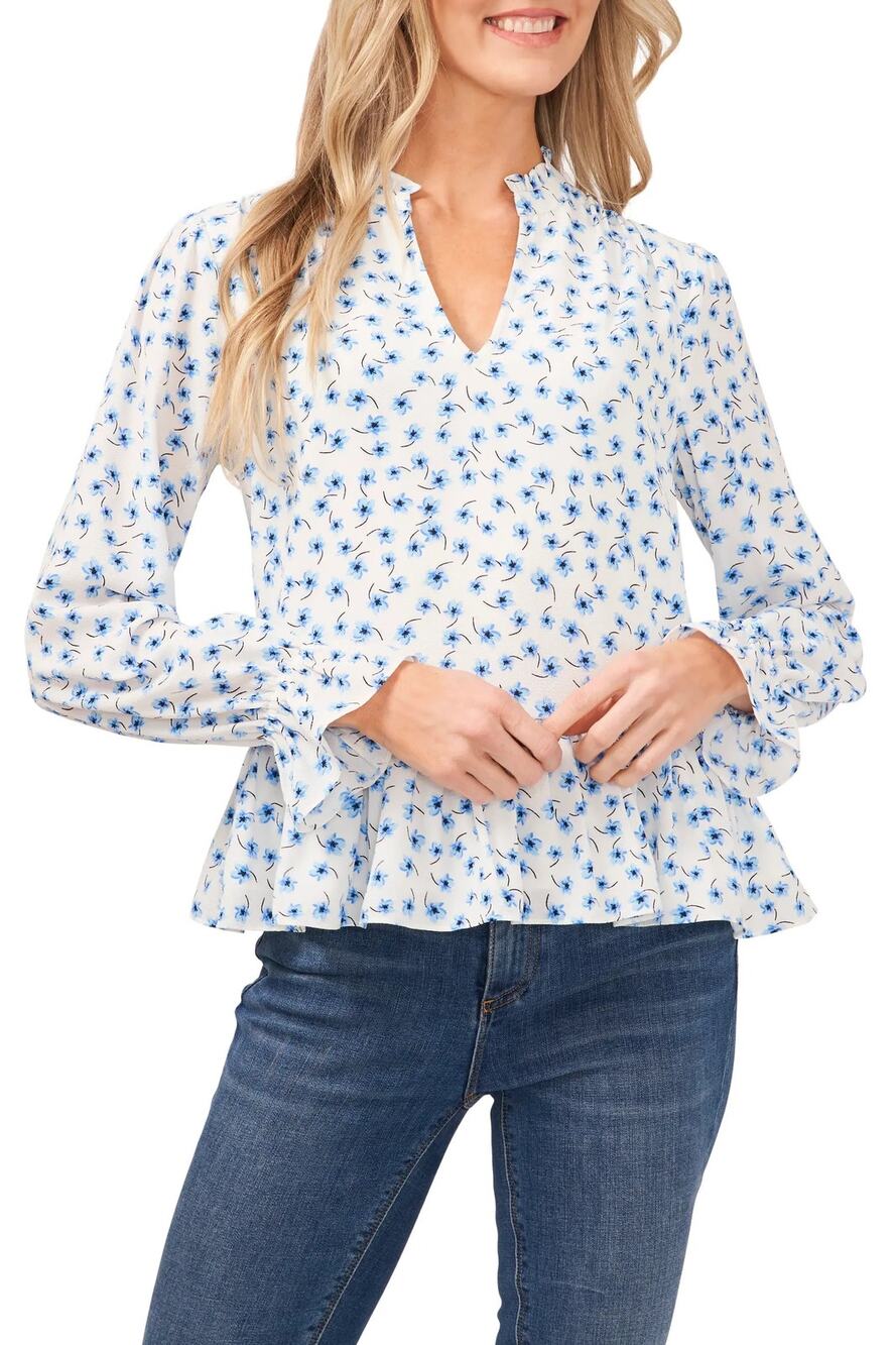 Cece Floral Print Split NeckLong Sleeve Ruffled Top 1X
